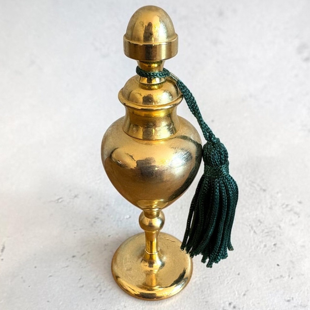 Vintage Aveda Vintage Brass Perfume Bottle with Green Tassel & Glass Wand 3.75"